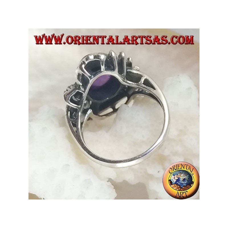 Ethnic decoration silver ring with natural oval cabochon, onyx and marcasite amethyst