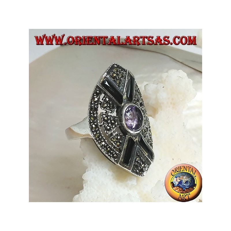 Shuttle Silberring besetzt mit Markasit mit Onyxkreuz und zentralem natürlichen ovalen Amethyst