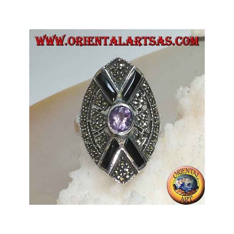 Bague Shuttle en argent sertie de marcassite avec croix en onyx et améthyste ovale naturelle centrale