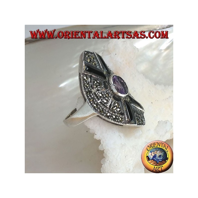 Shuttle silver ring studded with marcasite with onyx cross and central natural oval amethyst