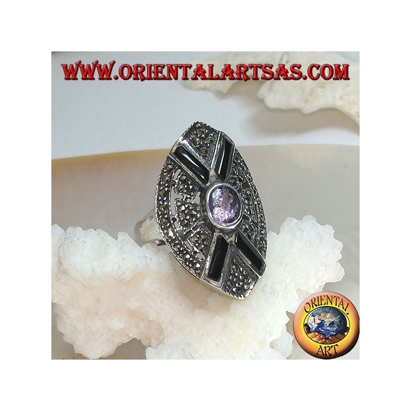 Shuttle Silberring besetzt mit Markasit mit Onyxkreuz und zentralem natürlichen ovalen Amethyst