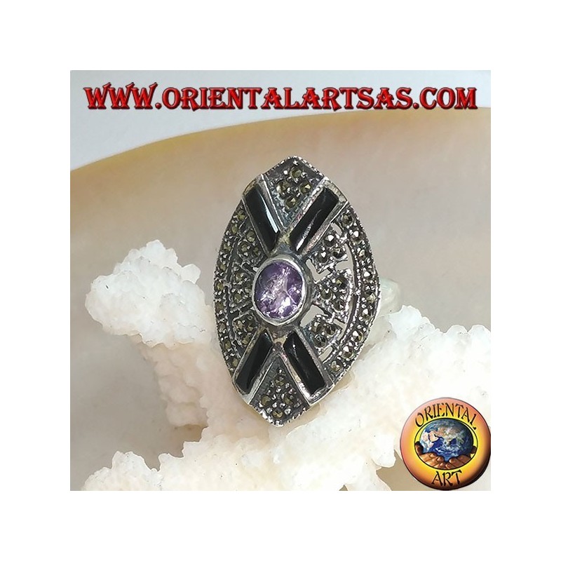 Shuttle anillo de plata tachonado de marcasita con cruz de ónice y amatista ovalada natural central