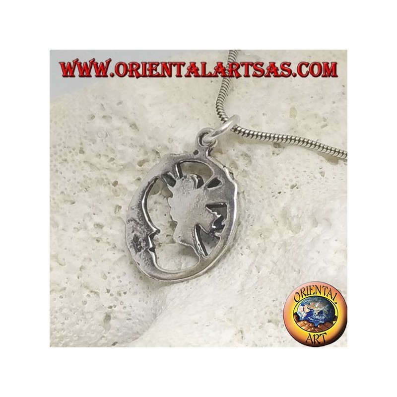 Silver pendant fairy flying in front of the moon in the circle