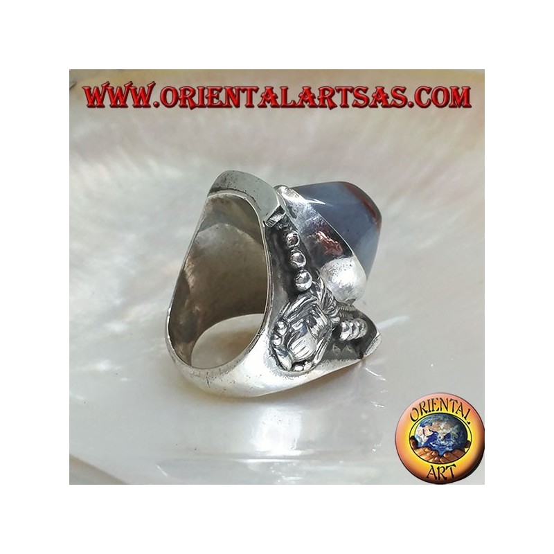 Bague en argent avec agate oeil Shiva ovale bicolore sur monture népalaise