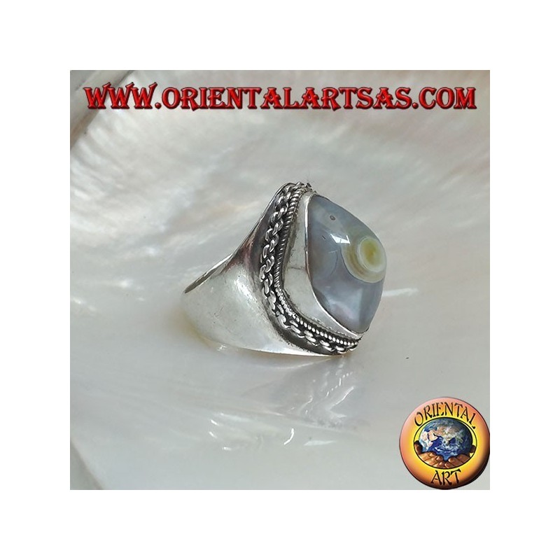 Anillo de plata con ágata de ojo Shiva transparente y borde de cadena