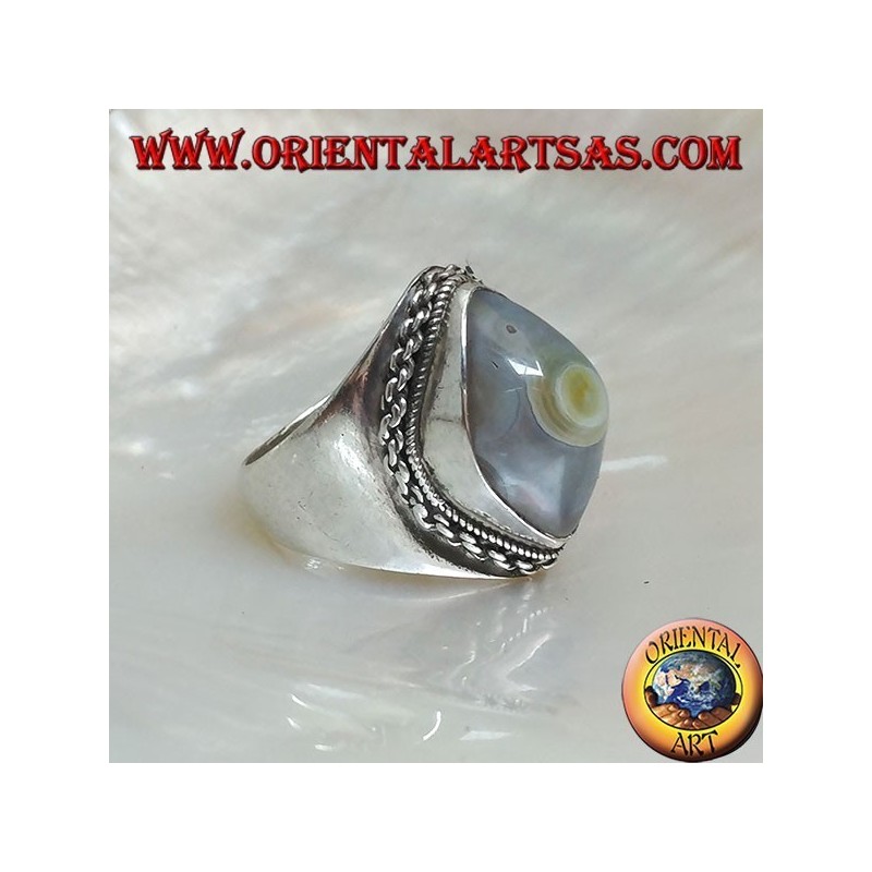 Anillo de plata con ágata de ojo Shiva transparente y borde de cadena