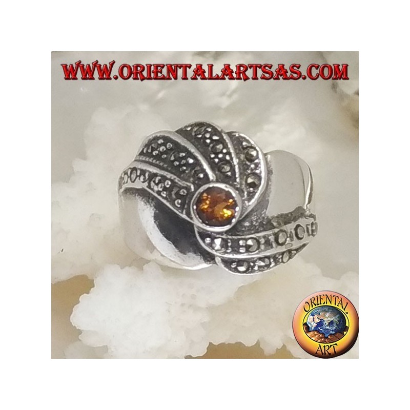 Silver ring with round yellow topaz and concentric spiral marcasite rows