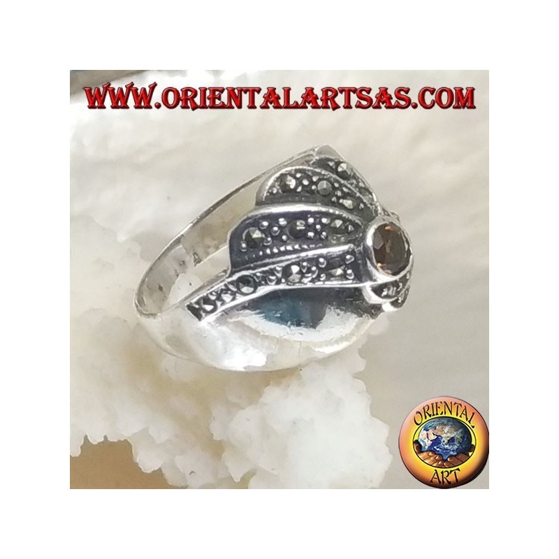 Silver ring with round yellow topaz and concentric spiral marcasite rows