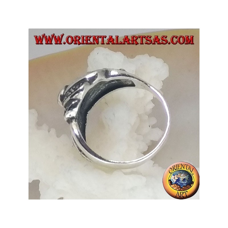 Silver ring with round garnet and concentric spiral marcasite rows