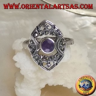 Shuttle silver ring with round natural amethyst and openwork decorations with marcasite