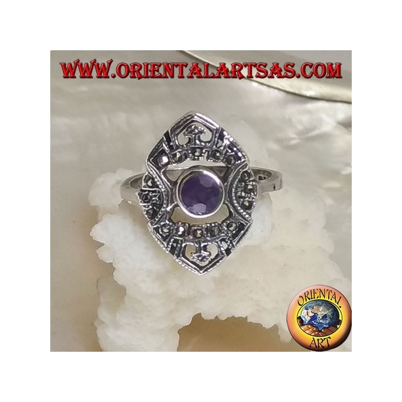 Shuttle silver ring with round natural amethyst and openwork decorations with marcasite