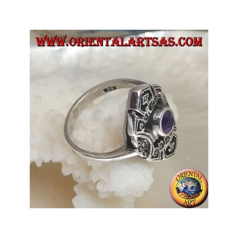 Shuttle Silberring mit rundem natürlichem Amethyst und durchbrochenen Verzierungen mit Markasit