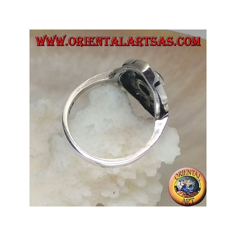 Shuttle silver ring with round natural amethyst and openwork decorations with marcasite