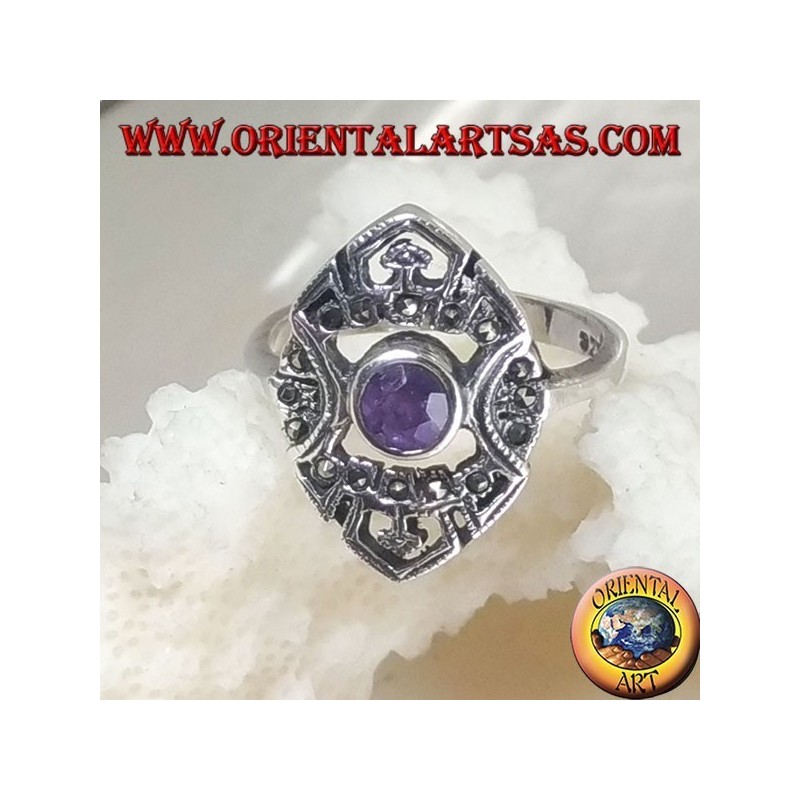 Shuttle anillo de plata con amatista natural redonda y decoraciones caladas con marcasita