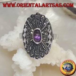 Silver ring with oval natural amethyst on openwork frame and double mirror fan in marcasite