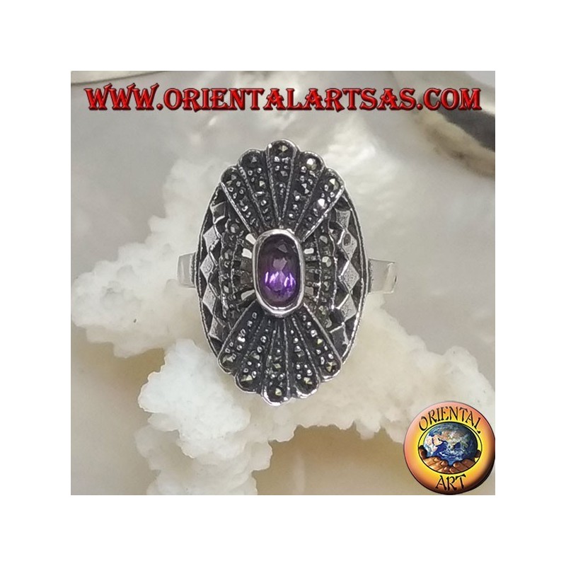 Silberring mit ovalem natürlichem Amethyst auf durchbrochenem Rahmen und doppeltem Spiegelventilator aus Markasit