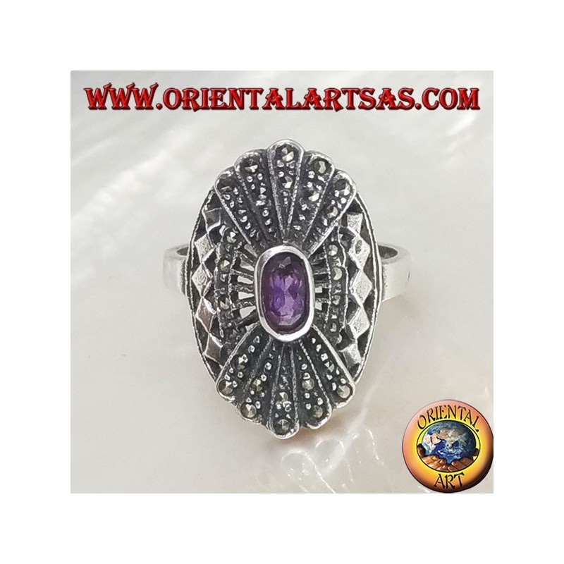 Silberring mit ovalem natürlichem Amethyst auf durchbrochenem Rahmen und doppeltem Spiegelventilator aus Markasit