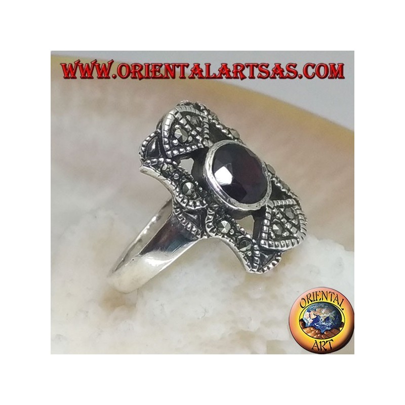 Silver ring with round natural garnet in a perforated rectangle with marcasites