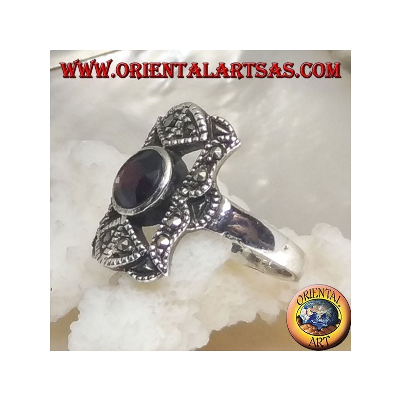 Silver ring with round natural garnet in a perforated rectangle with marcasites