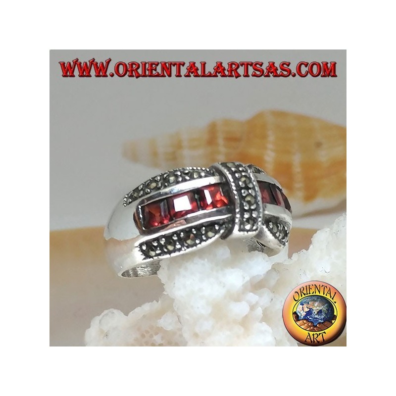 Silver bow tie ring with a row of square garnet and marcasite garnishes