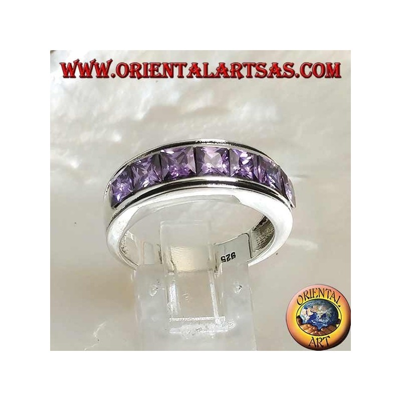 Band Silberring mit einer Reihe von quadratischen Amethyst