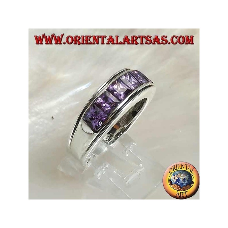 Band Silberring mit einer Reihe von quadratischen Amethyst