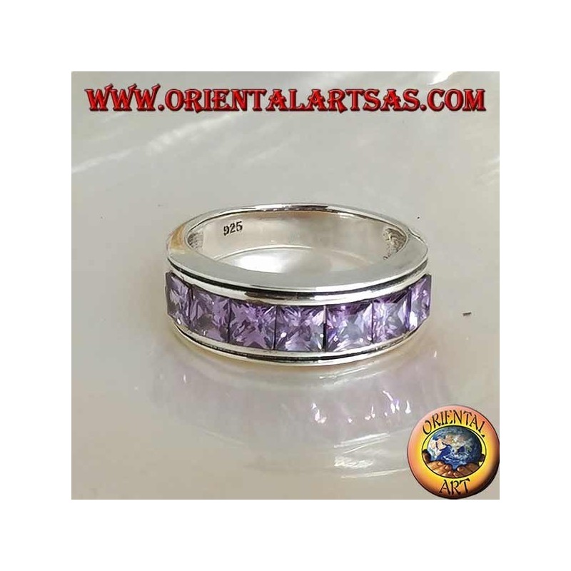 Band Silberring mit einer Reihe von quadratischen Amethyst