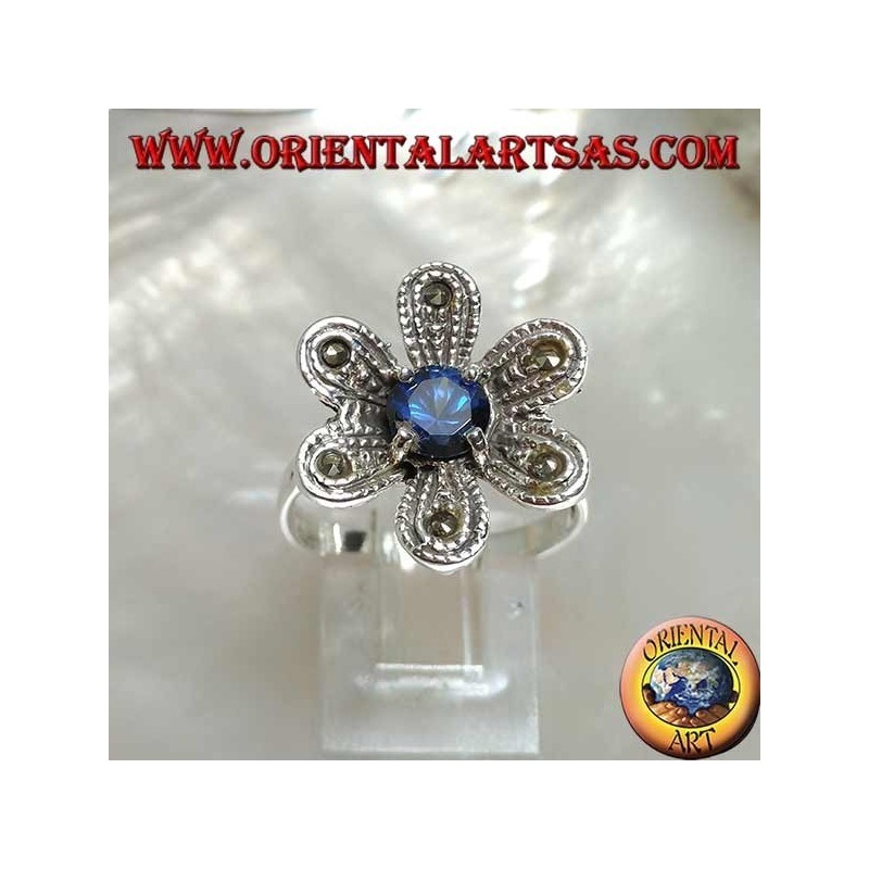 Anello in argento a forma di fiore "stella di betlemme" con zircone color zaffiro tondo e marcassite