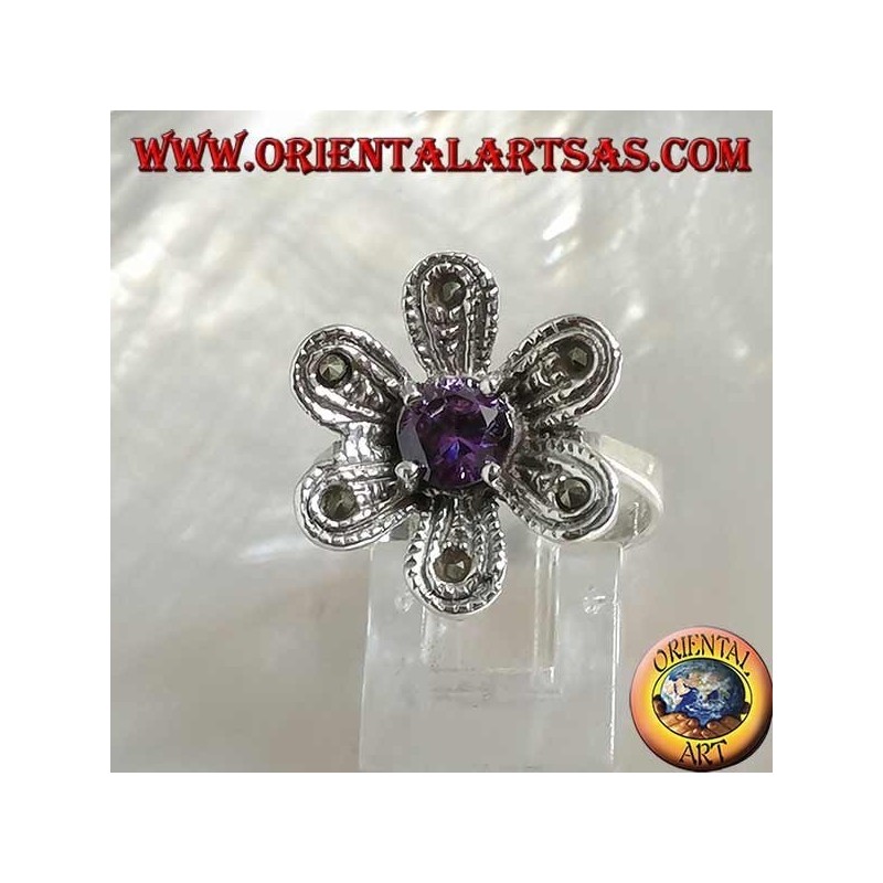 Silver ring in the shape of a flower "star of bethlehem" with round amethyst and marcasite colored zircon