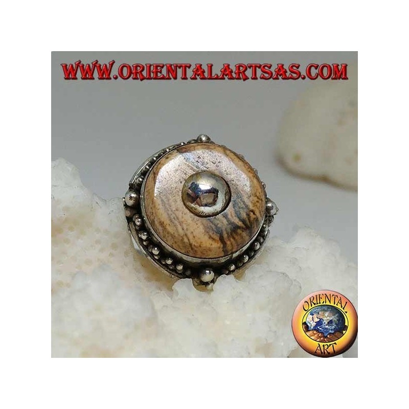 Silver ring with country jasper disc and central ball