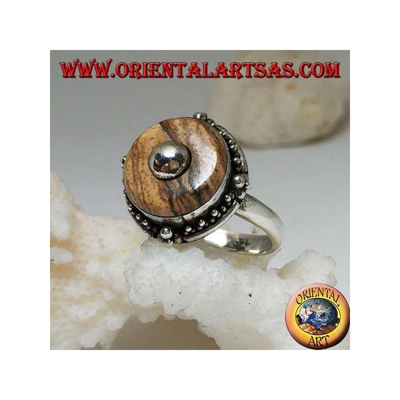 Silver ring with country jasper disc and central ball