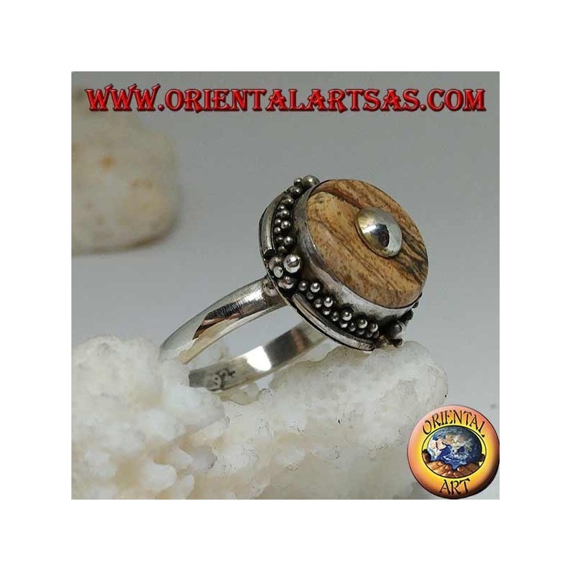 Silver ring with country jasper disc and central ball