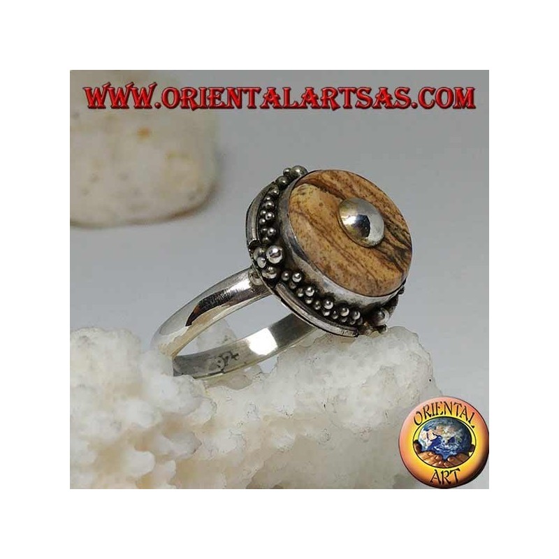Bague en argent avec disque de jaspe country et boule centrale