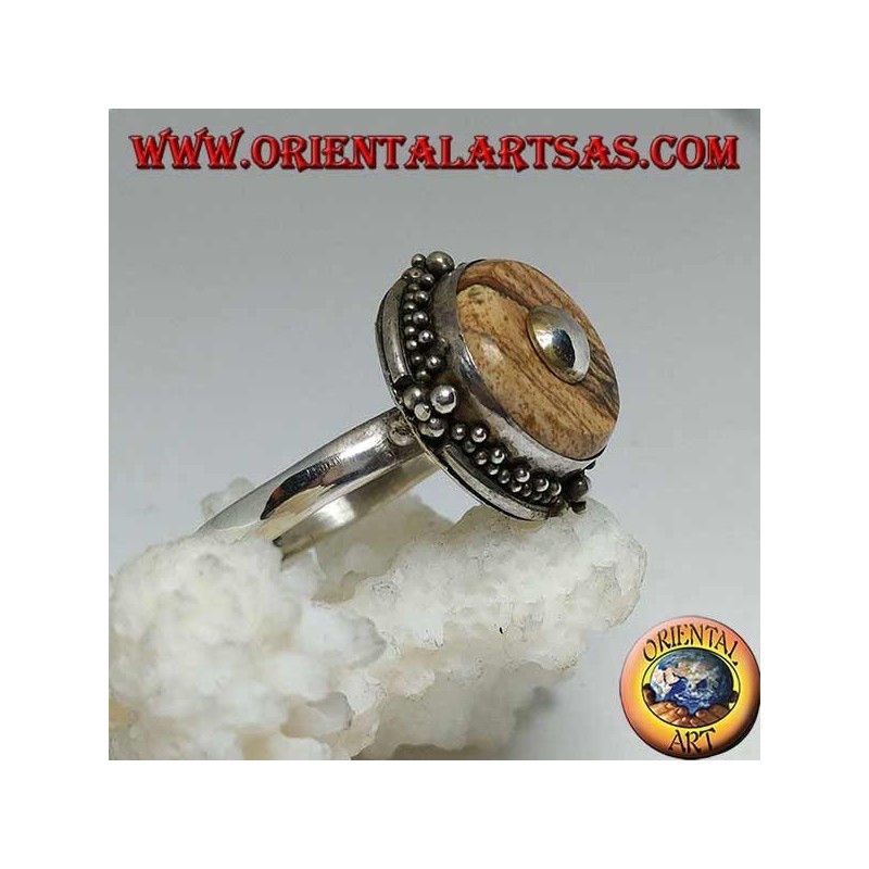 Silver ring with country jasper disc and central ball