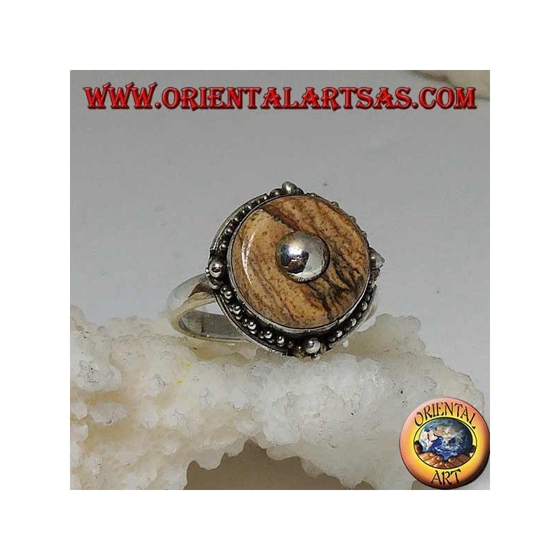 Bague en argent avec disque de jaspe country et boule centrale