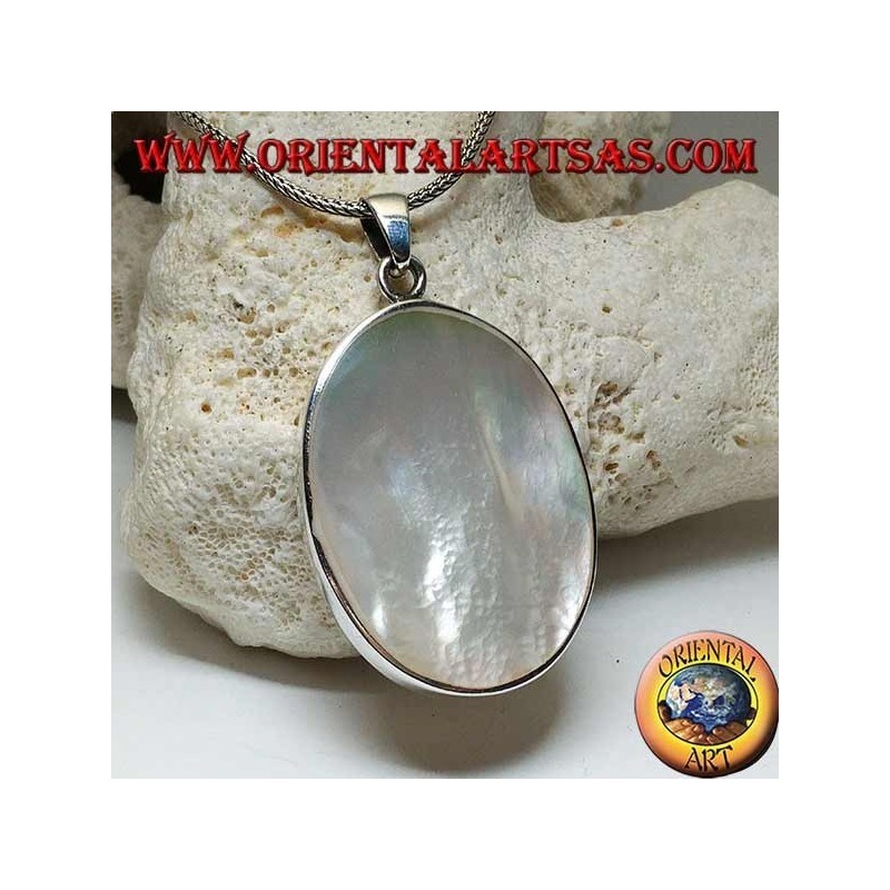 Silver pendant with large oval mother of pearl on a smooth side frame
