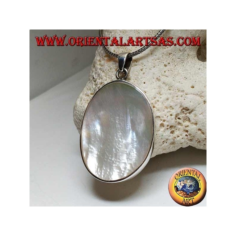 Silver pendant with large oval mother of pearl on a smooth side frame