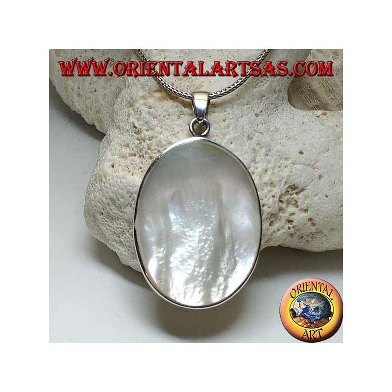 Silver pendant with large oval mother of pearl on a smooth side frame