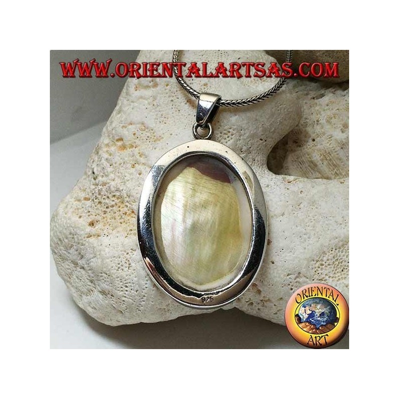 Silver pendant with large oval mother of pearl on a smooth side frame
