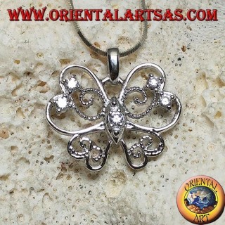 Silver butterfly pendant with stylized wings with a thin and perforated line with round zircons set