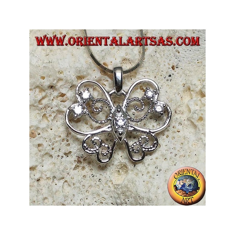 Pendentif papillon en argent aux ailes stylisées avec une ligne fine et ajourée sertie de zircons ronds