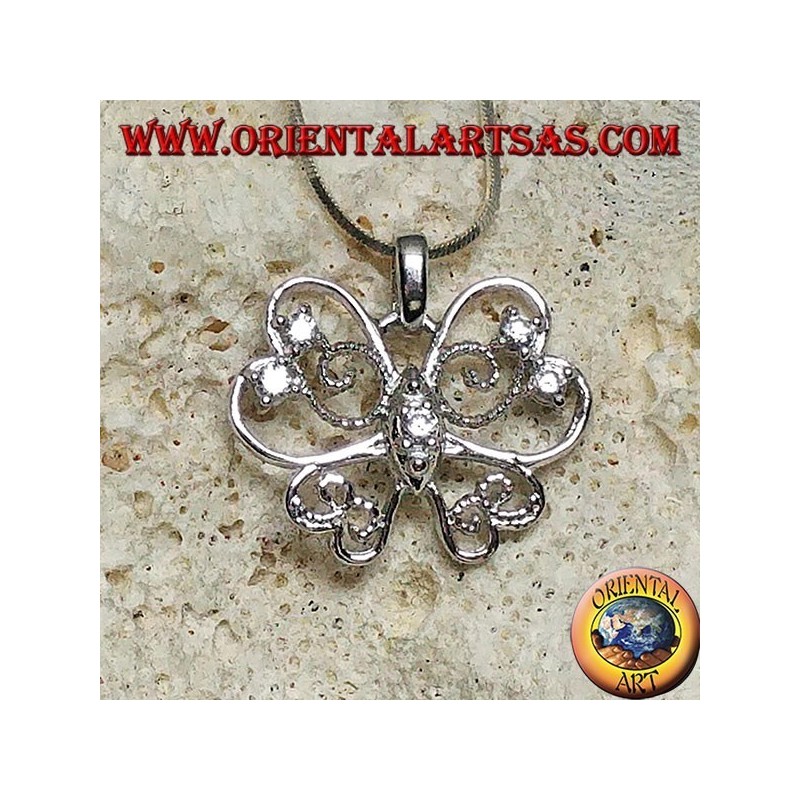 Silver butterfly pendant with stylized wings with a thin and perforated line with round zircons set