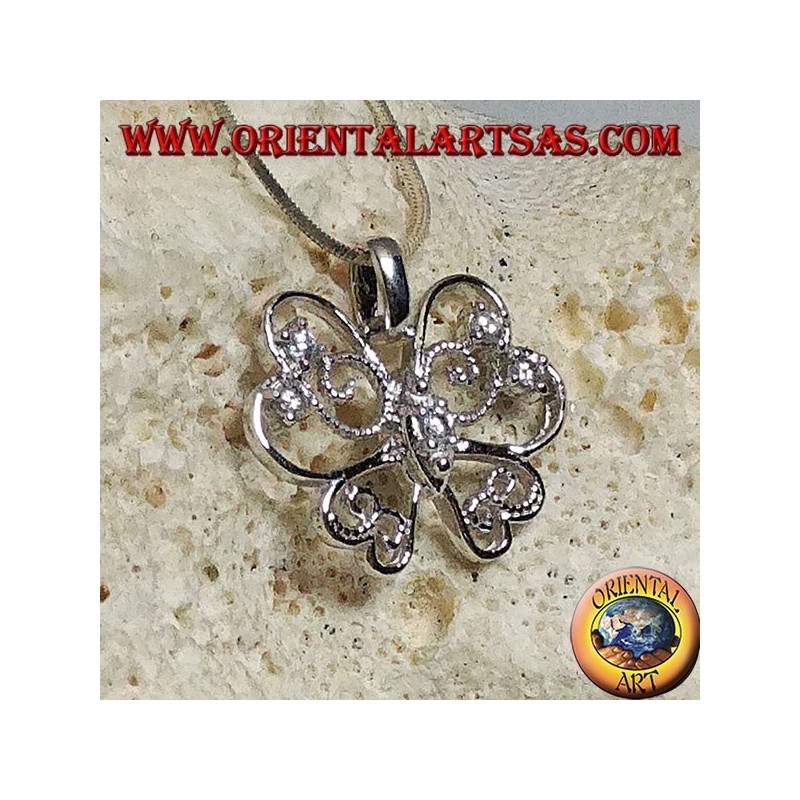 Pendentif papillon en argent aux ailes stylisées avec une ligne fine et ajourée sertie de zircons ronds