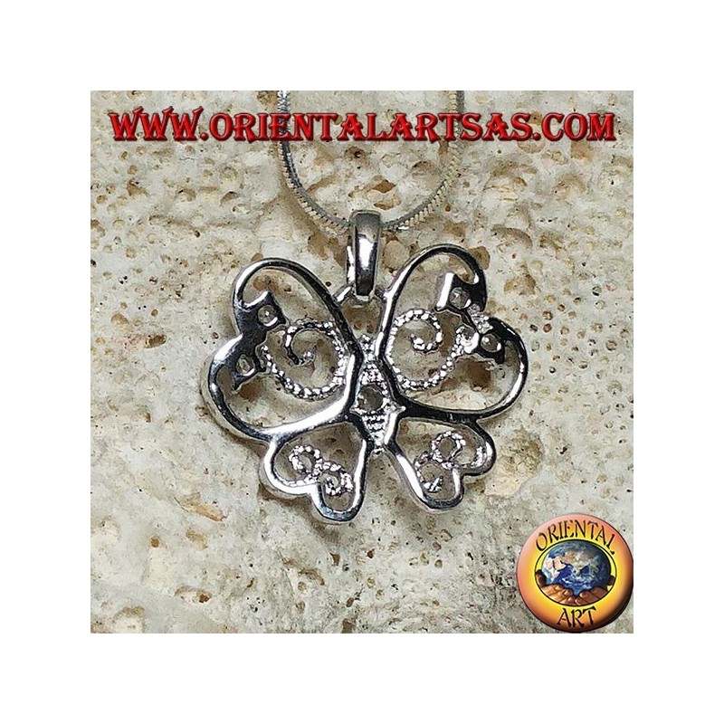 Pendentif papillon en argent aux ailes stylisées avec une ligne fine et ajourée sertie de zircons ronds