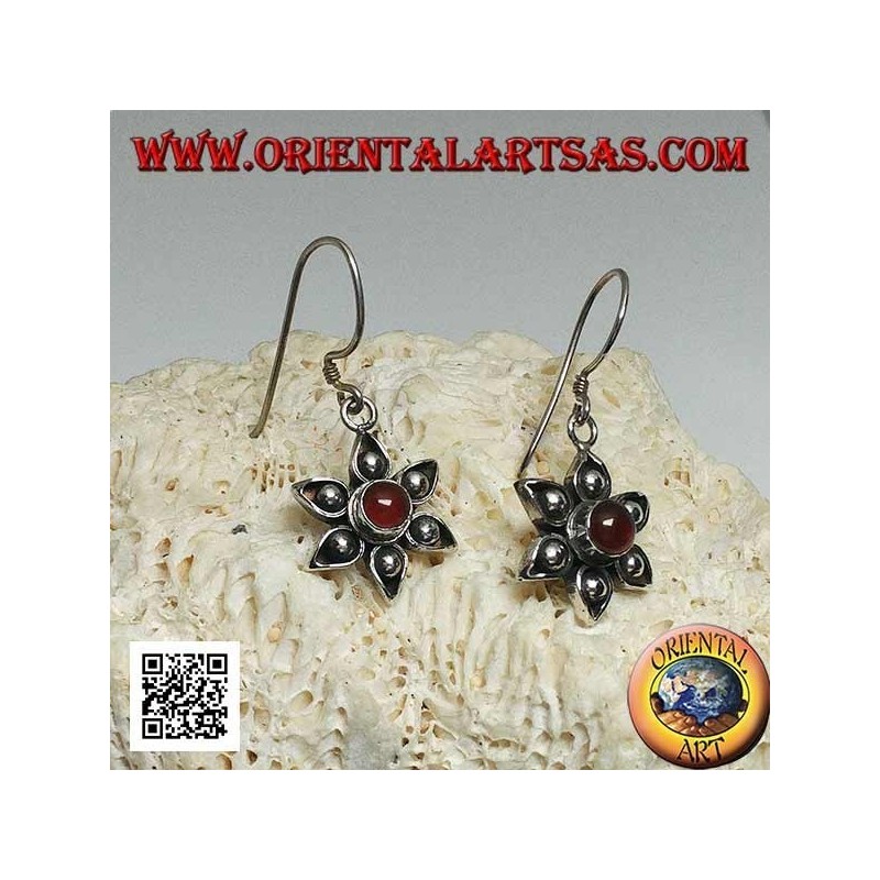 Silver flower earrings with six petals with central handmade carnelian