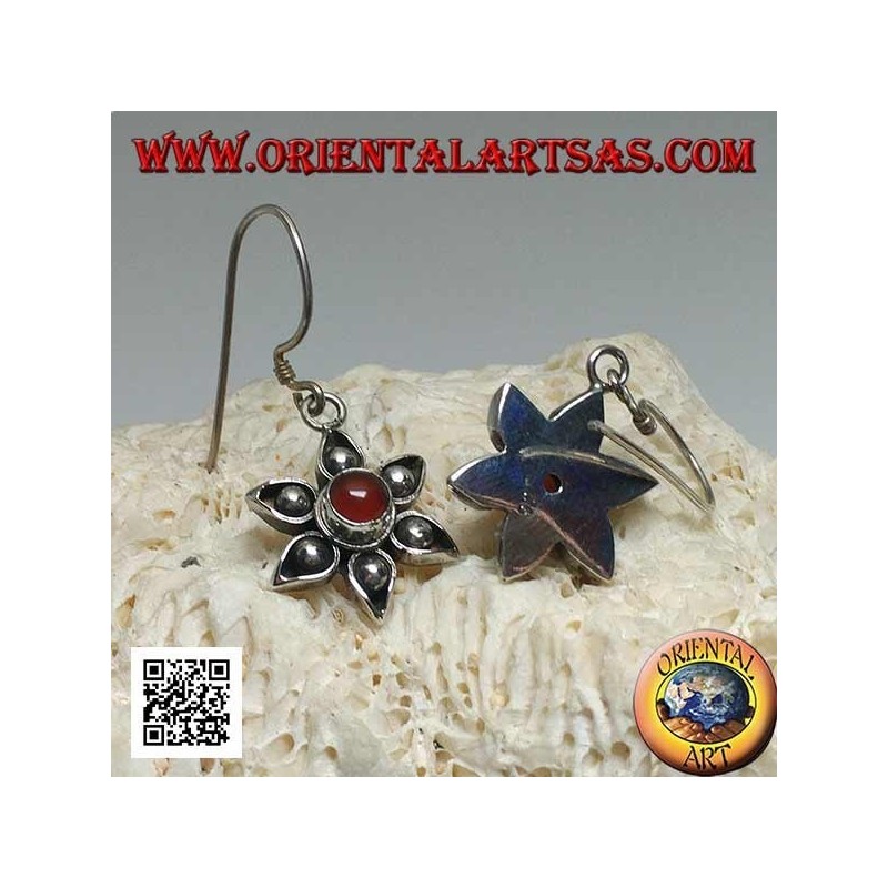Silver flower earrings with six petals with central handmade carnelian