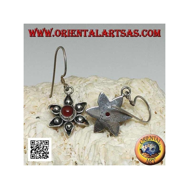 Silver flower earrings with six petals with central handmade carnelian