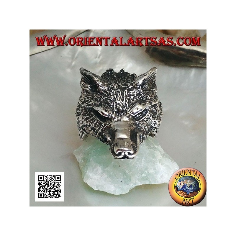 Bague en argent, tête de loup arctique ou loup des neiges massif (grand)