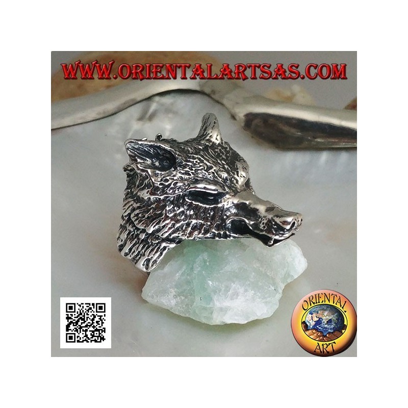 Bague en argent, tête de loup arctique ou loup des neiges massif (grand)