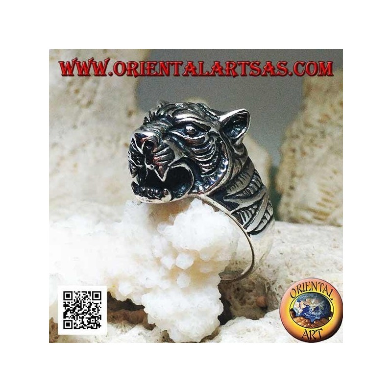 Bague en argent massif avec grande tête de tigre saillante proéminente